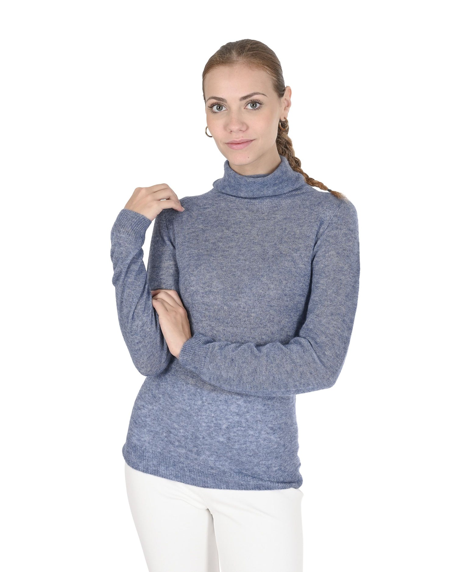 Crown of Edinburgh Cashmere Womens Turtleneck Sweater COE 0019 BLUE MELANGE