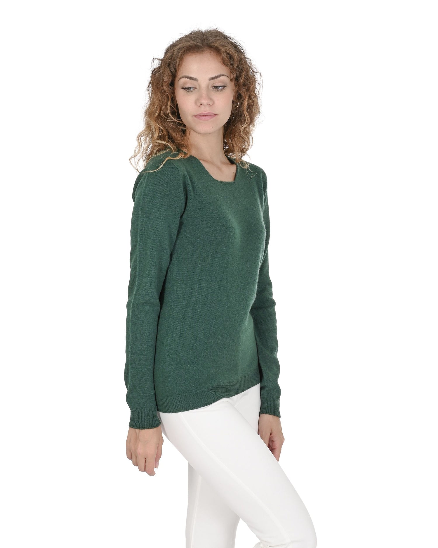 Crown of Edinburgh Cashmere Womens Square Neck Sweater COE 0024 BOTTLE GREEN