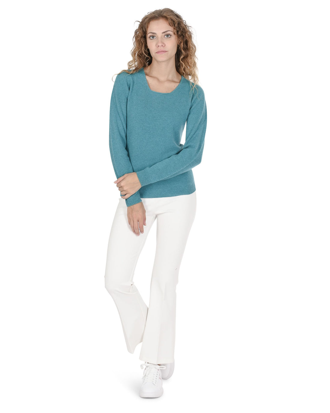 Crown of Edinburgh Cashmere Womens Square Neck Sweater COE 0024 TURQUOISE