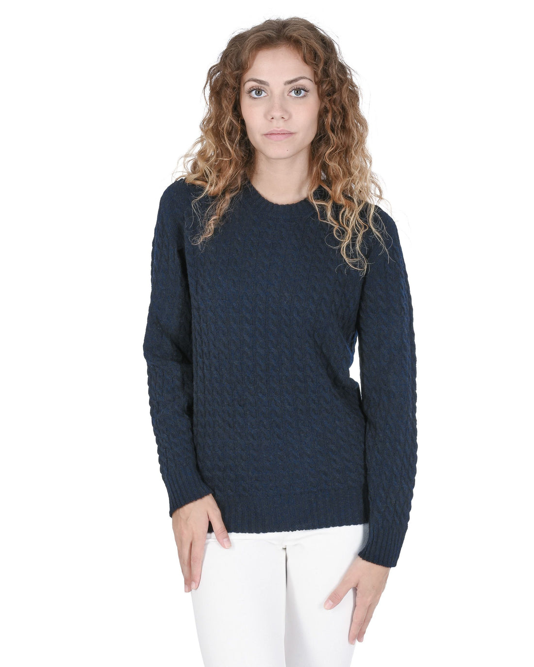 Crown of Edinburgh Cashmere Womens Round Neck Sweater COE 0013 NAVY BLUE