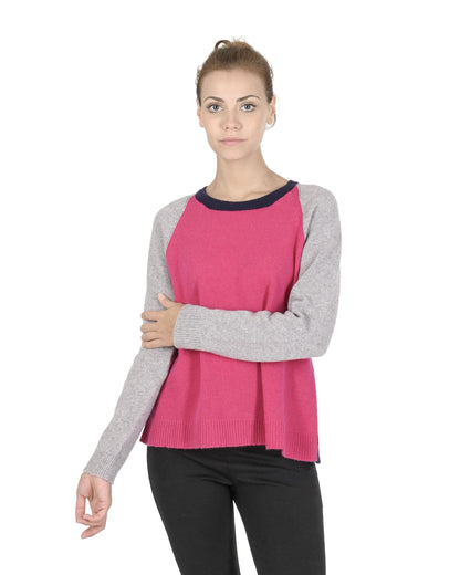 Crown of Edinburgh Cashmere Womens Round Neck Sweater COE 0016 FUSCHIA/CREAM