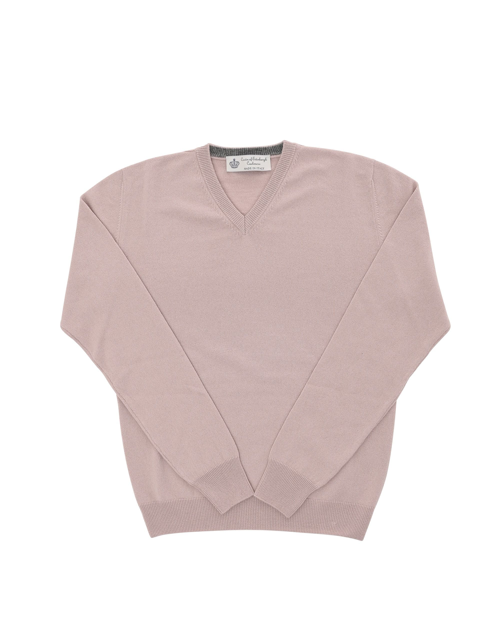 Crown of Edinburgh Cashmere Mens V Neck Sweater COE 0012 DUSTY PINK