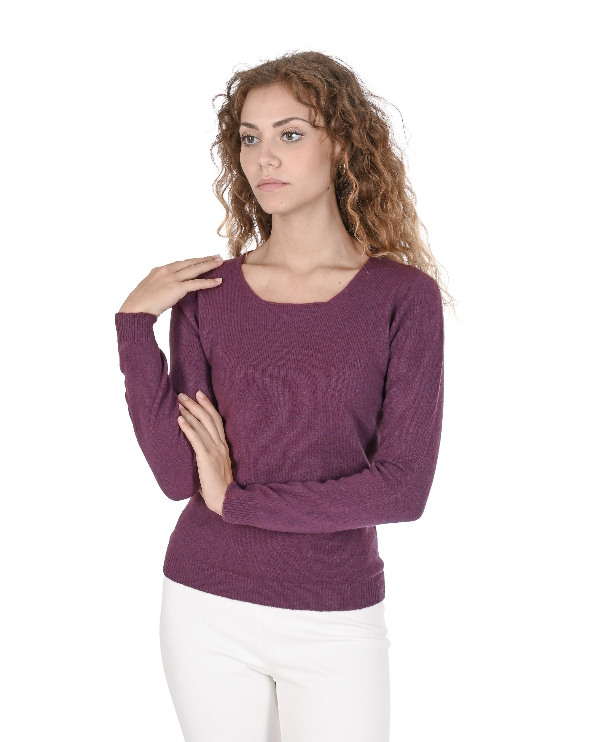 Crown of Edinburgh Cashmere Womens Square Neck Sweater COE 0024 BURGUNDY