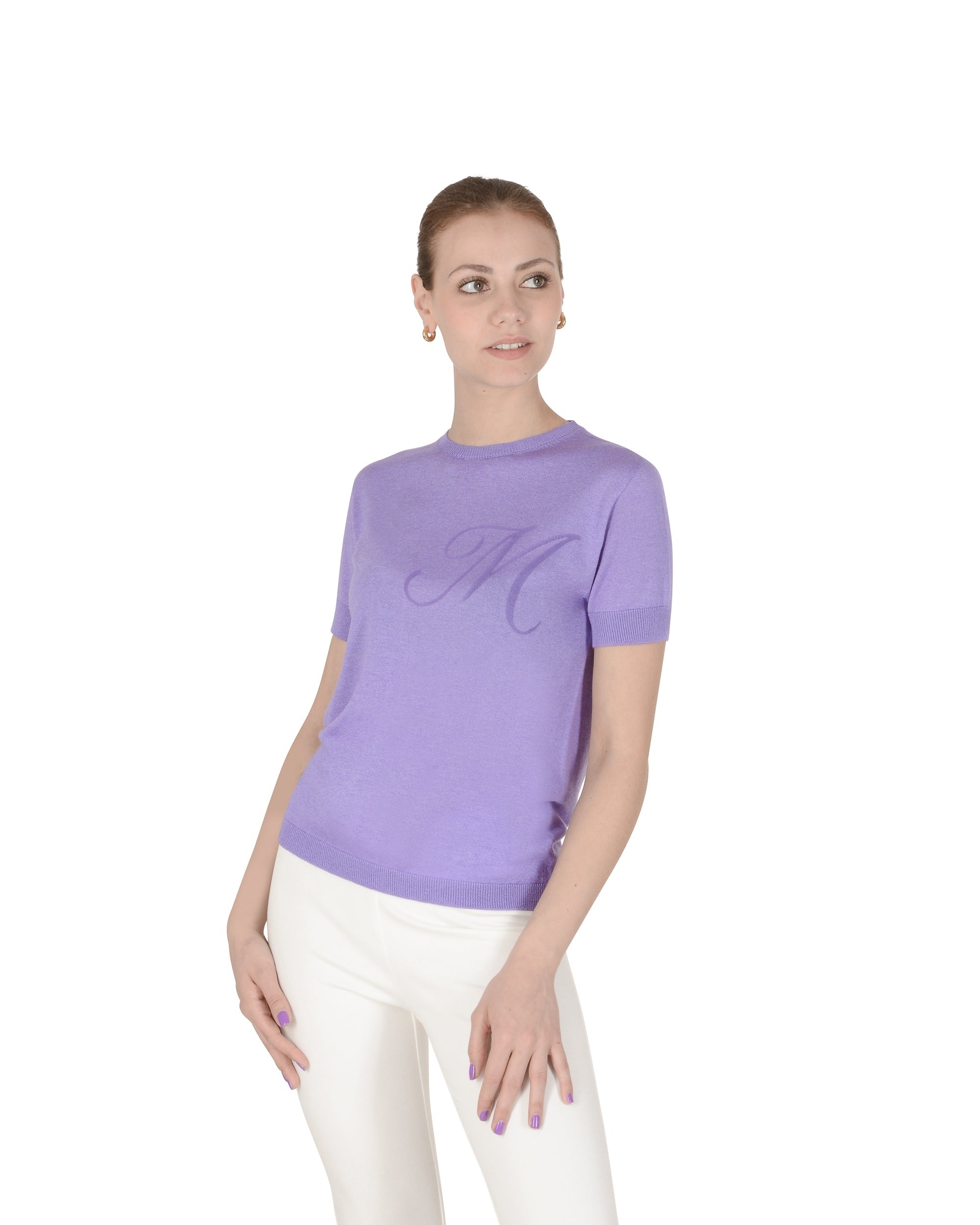 Crown of Edinburgh Cashmere Short Sleeve ART 003 LILAC LETTER M