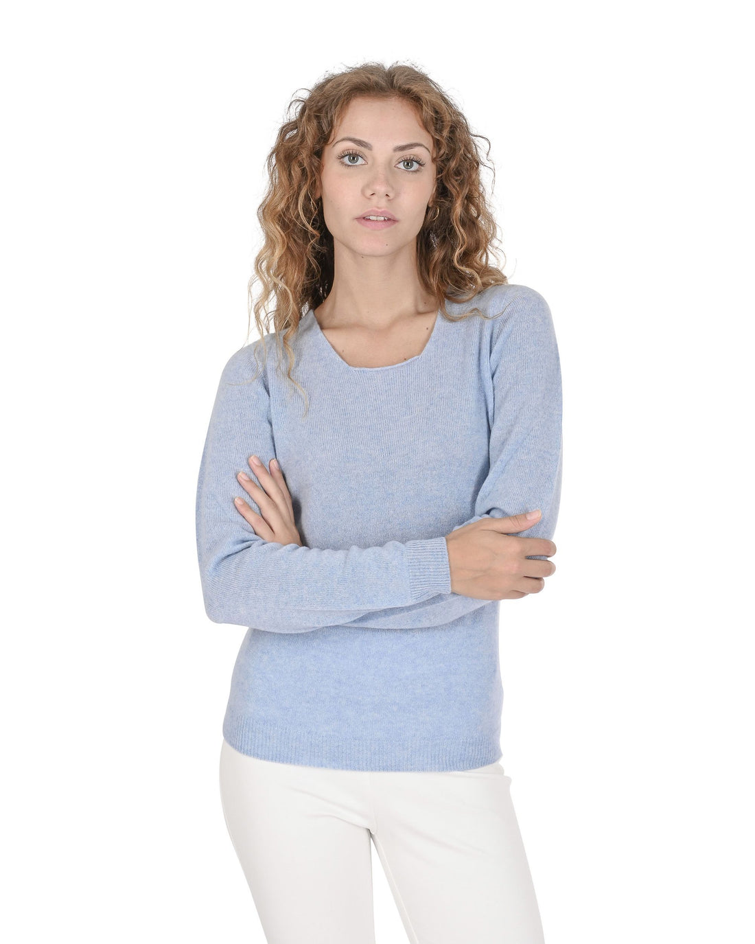 Crown of Edinburgh Cashmere Womens Square Neck Sweater COE 0024 LIGHT BLUE