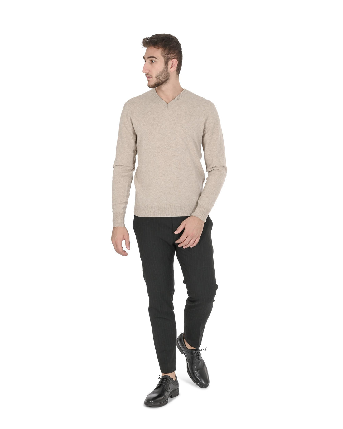 Crown of Edinburgh Cashmere Mens V Neck Sweater COE 0012 BEIGE