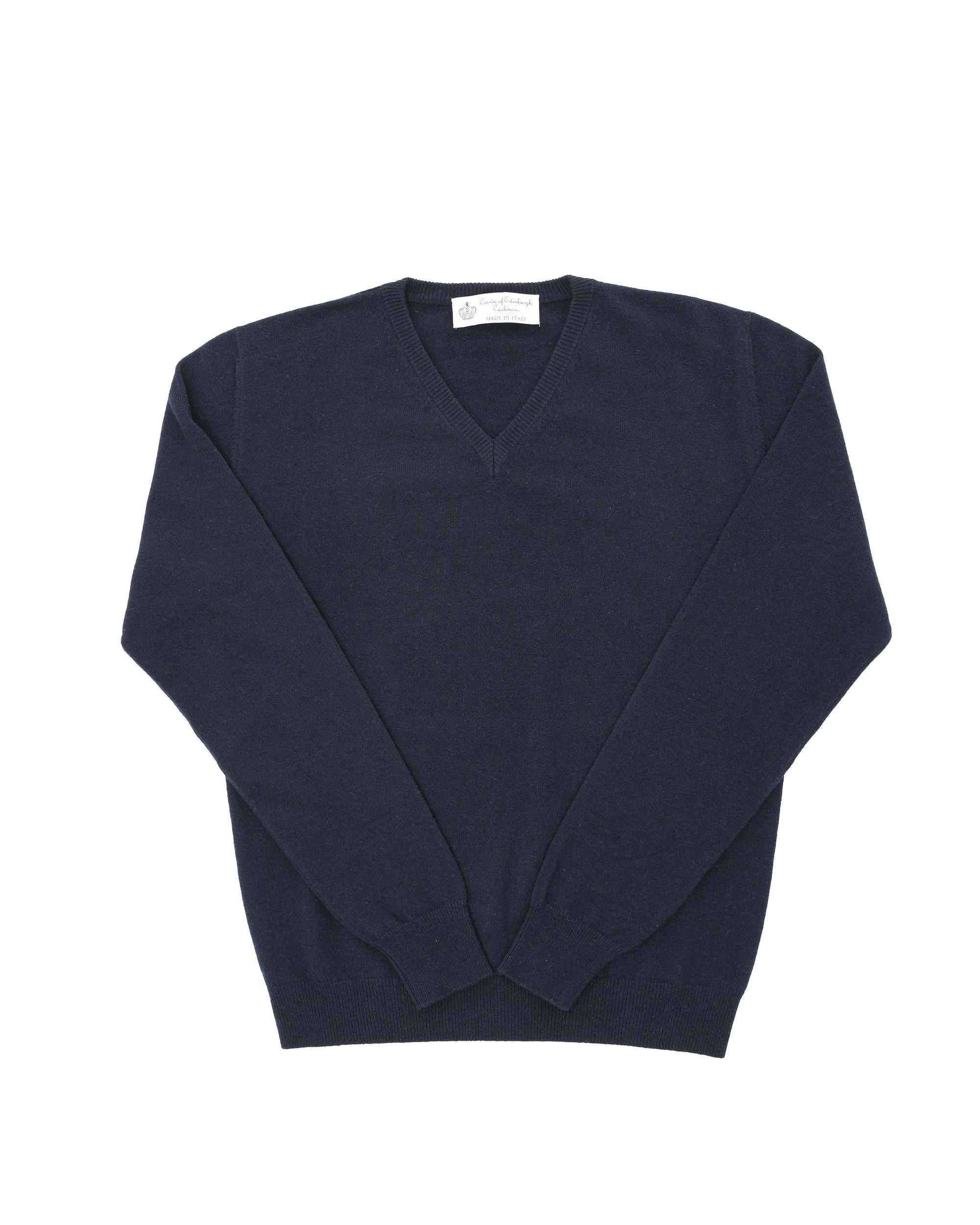 Crown of Edinburgh Cashmere Mens V Neck Sweater COE 0012 NAVY BLUE