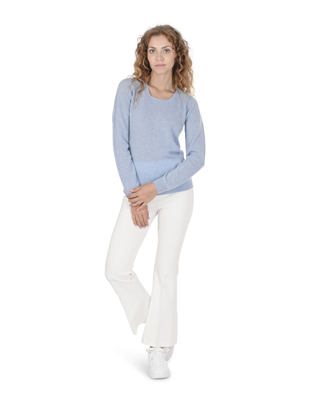 Crown of Edinburgh Cashmere Womens Square Neck Sweater COE 0024 LIGHT BLUE