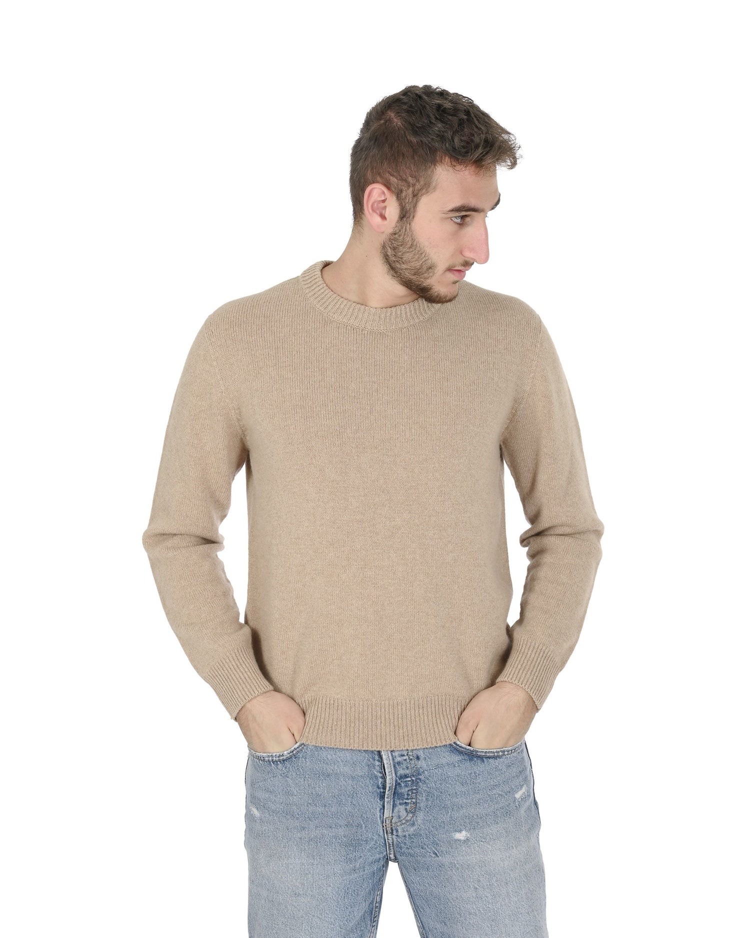 Crown of Edinburgh Cashmere Mens Round Neck Sweater COE 009 BEIGE