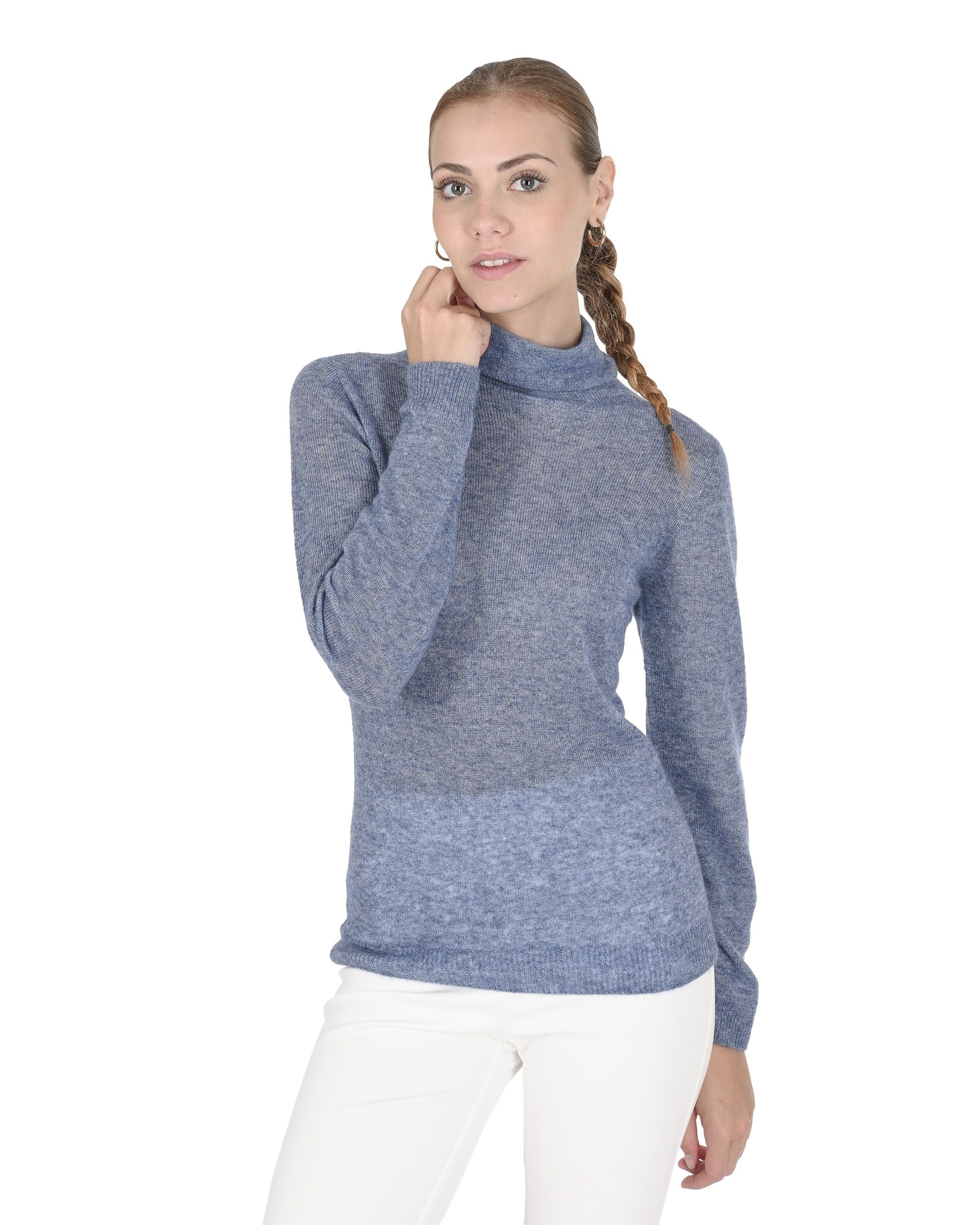 Crown of Edinburgh Cashmere Womens Turtleneck Sweater COE 0019 BLUE MELANGE