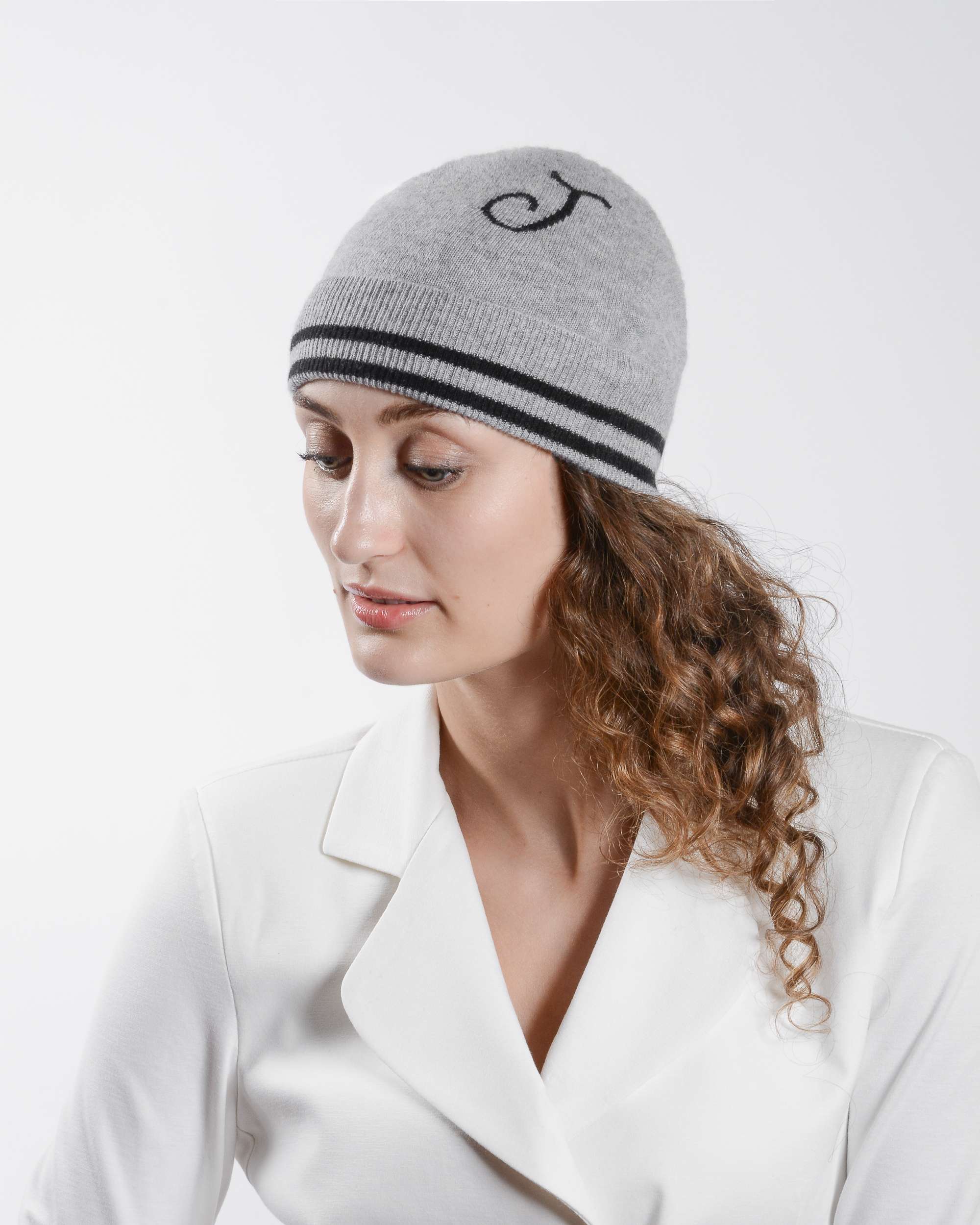 Crown of Edinburgh Cashmere Monogrammed Beanie BRUNTSFIELD GREY J