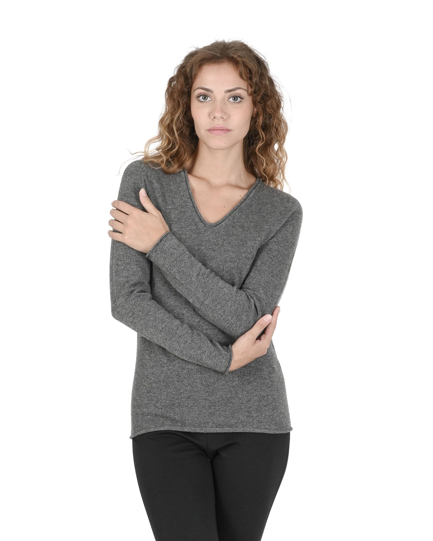 Crown of Edinburgh Cashmere Womens V Neck Sweater COE 0022 GREY