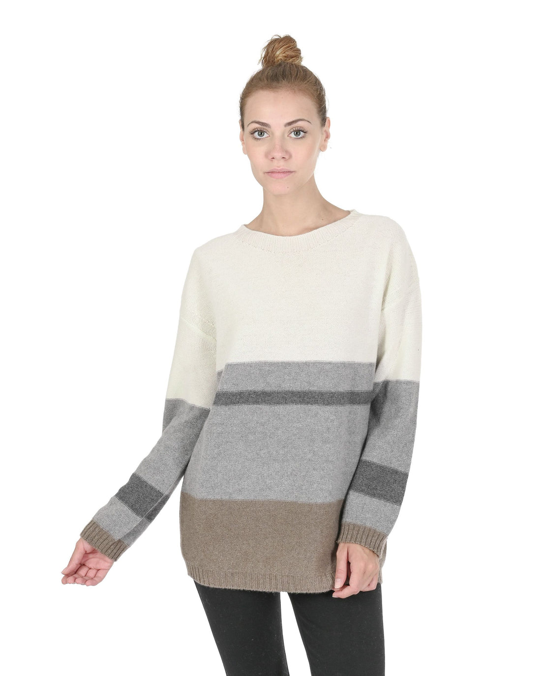 Crown of Edinburgh Cashmere Womens Boat Neck Sweater COE 0017 GREY/CREAM/ TAUPE