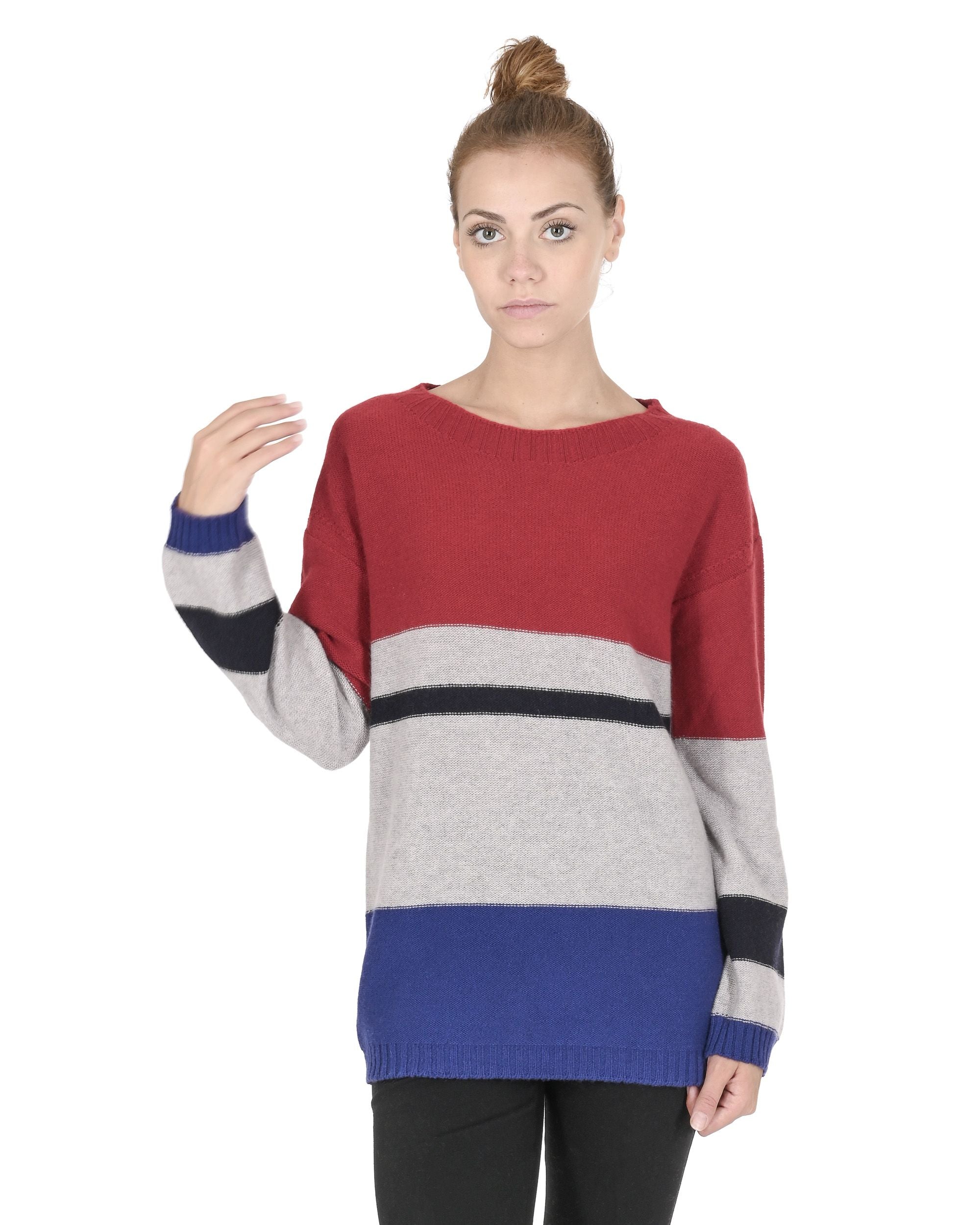 Crown of Edinburgh Cashmere Womens Boat Neck Sweater COE 0017 RED/GREY/BLUE