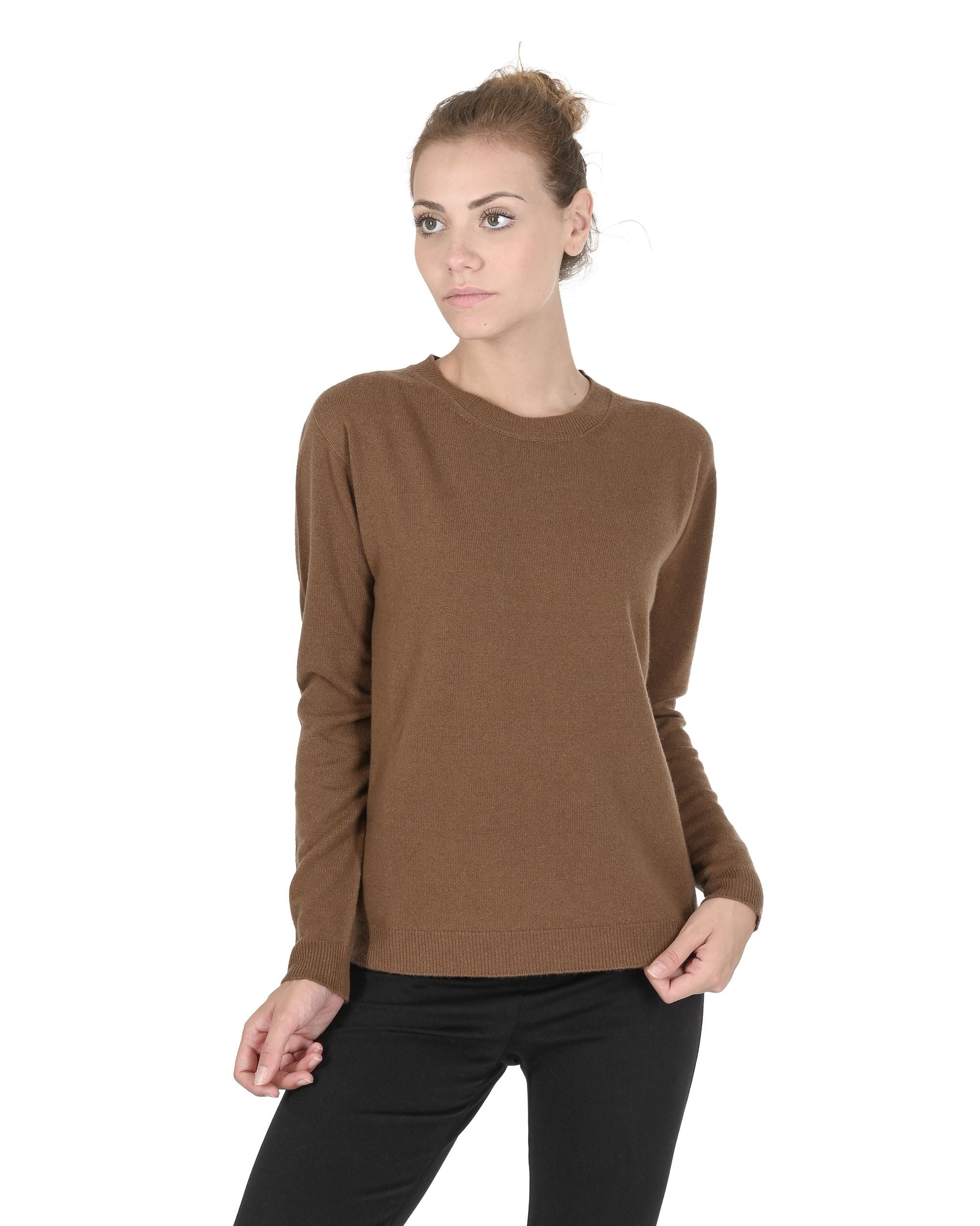 Crown of Edinburgh Cashmere Womens Round Neck Sweater COE 0014 LIGHT BROWN