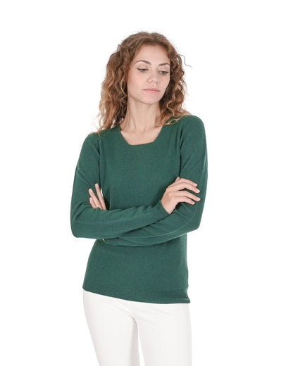 Crown of Edinburgh Cashmere Womens Square Neck Sweater COE 0024 BOTTLE GREEN