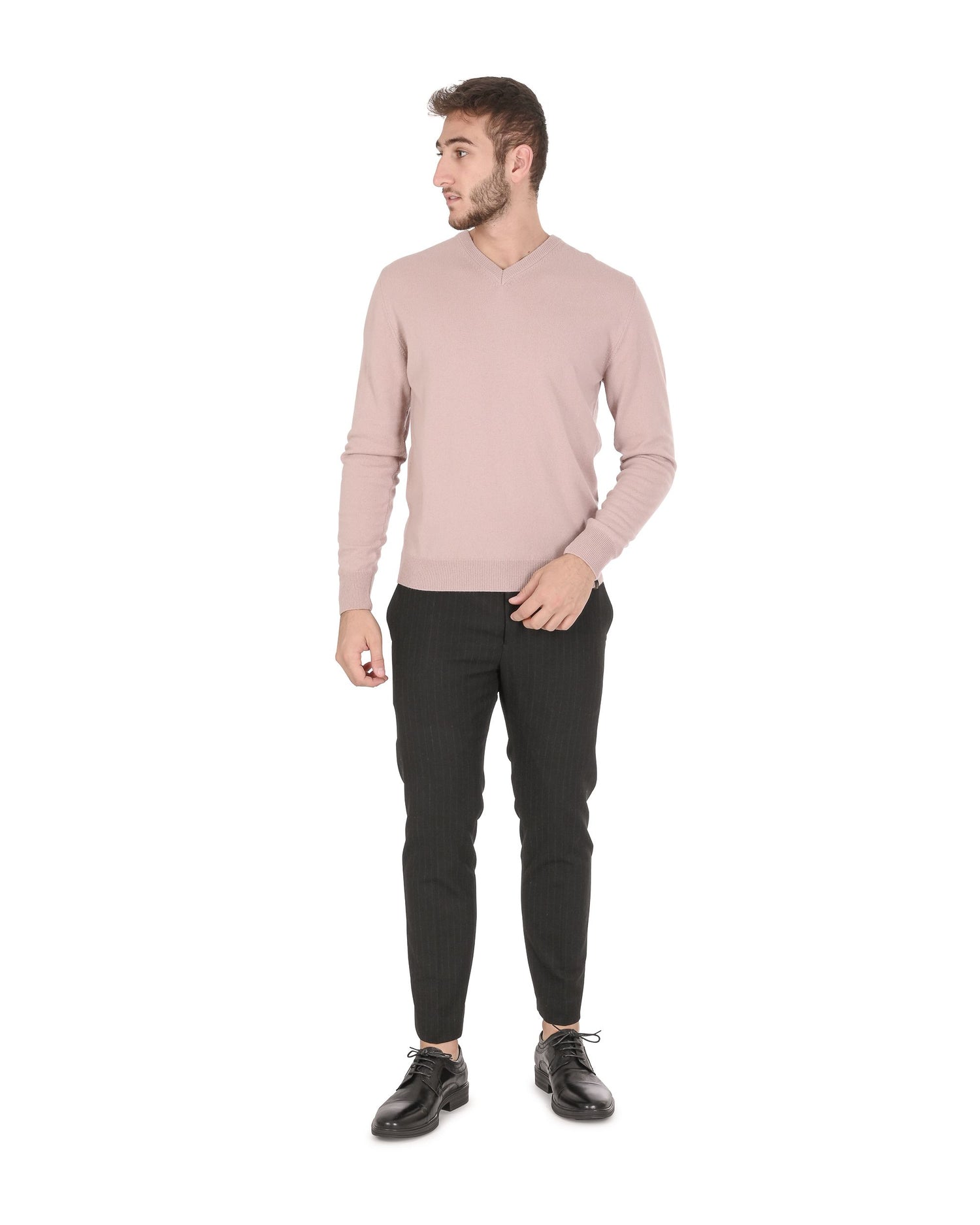 Crown of Edinburgh Cashmere Mens V Neck Sweater COE 0012 DUSTY PINK