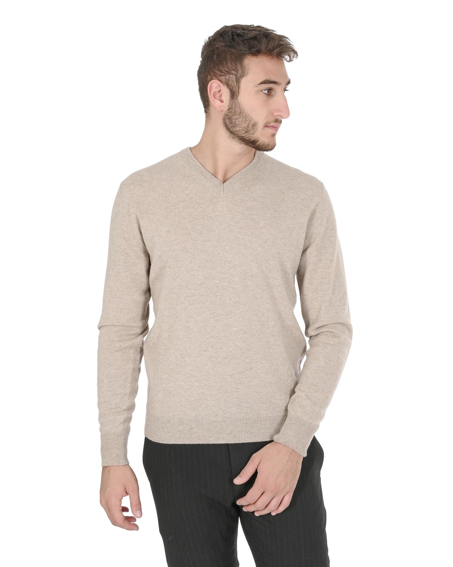 Crown of Edinburgh Cashmere Mens V Neck Sweater COE 0012 BEIGE