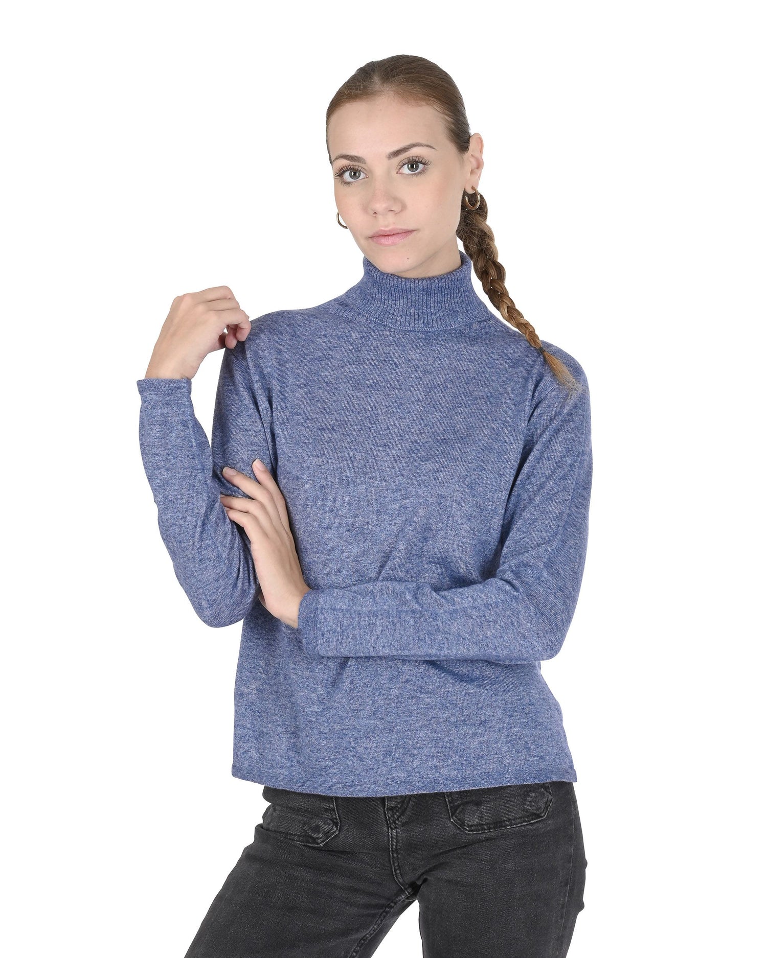 Crown of Edinburgh Cashmere Womens Turtleneck Sweater COE 0020 BLU MELANGE